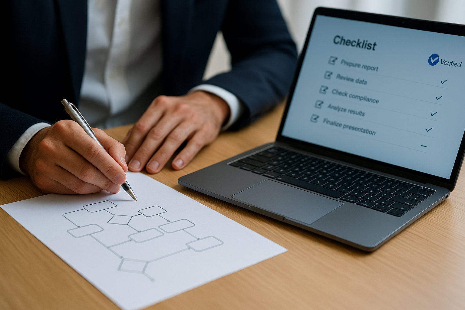 HR trendi: Vodja s peresom preverja preprost procesni diagram, ob strani prenosnik z urejenim kontrolnim seznamom in oznako “Verified”. Spretnosti/grid: Minimalistična mreža poslovnih spretnosti, poudarjena ploščica “Notranja mobilnost”. Kakovost/checklist: Označen kontrolni seznam: standard kakovosti, človeška verifikacija, revizijska sled.